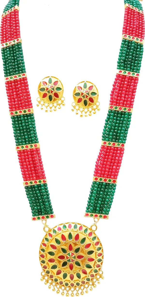 Assamese_Traditional_Gold_Plated_Red_Green_Color_Japi_Tassel_Jewellery_Set_For_Women
